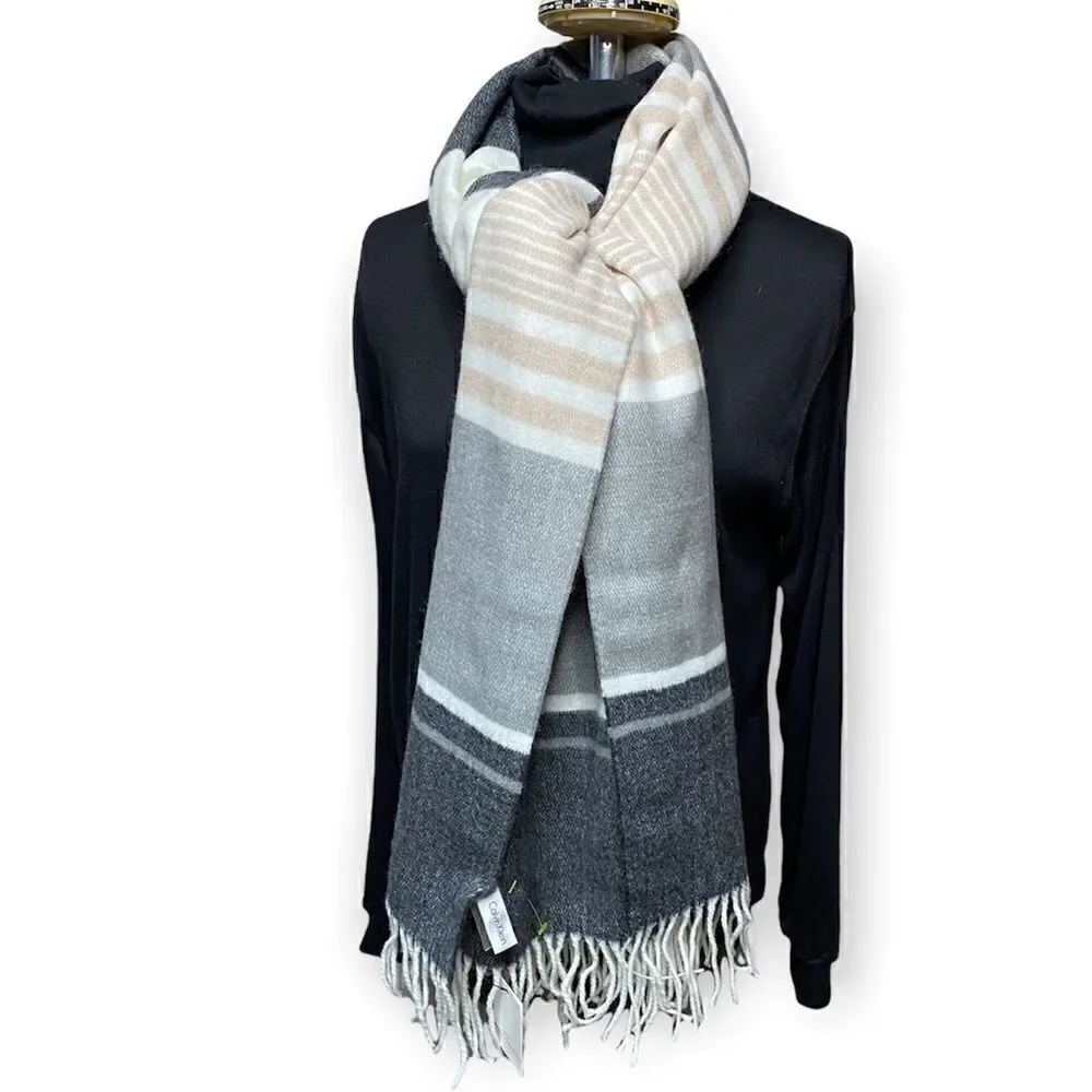 Calvin Klein Scarf wrap grey ivory beige striped 76 x 24 + fringe soft NWT